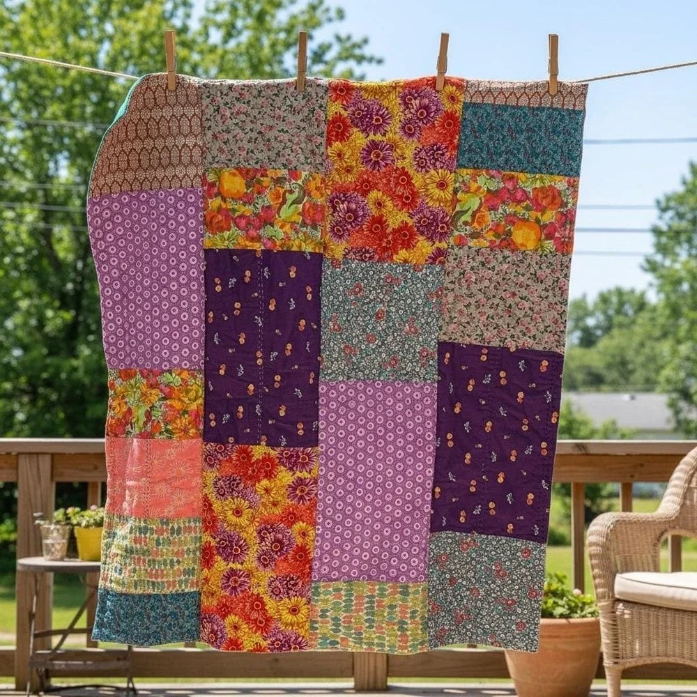 Vintage‎ Hand Stitched Patchwork Kantha 50x44 Quilt Floral Multi Color Teal Back
